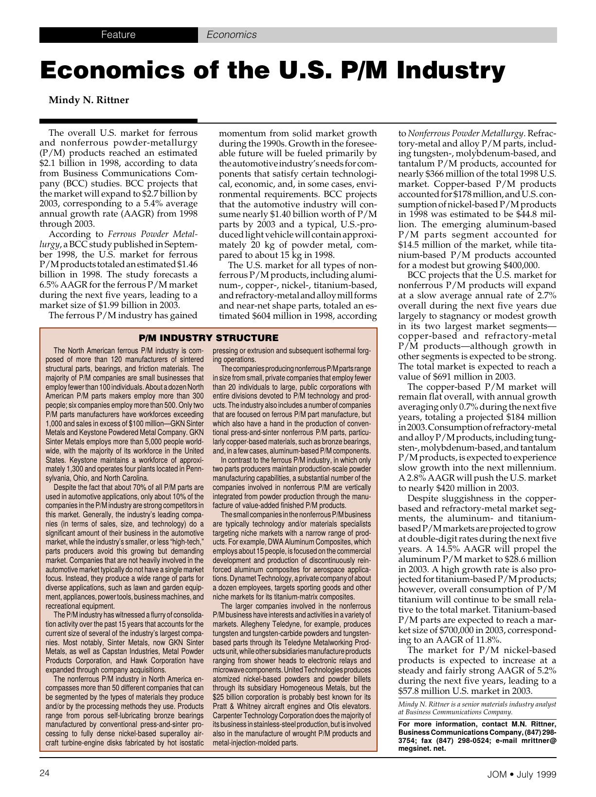 Economics of the U.S. PM industry by Unknown