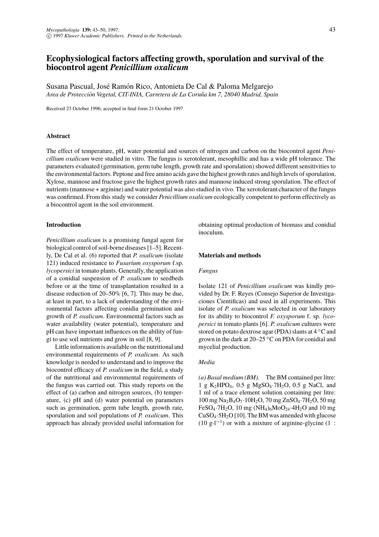 Ecophysiological factors affecting growth, sporulation and survival of the biocontrol agent Penicillium oxalicum by Unknown