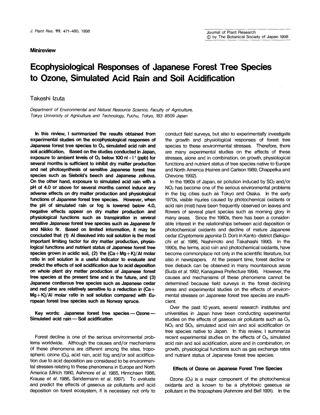 Ecophysiological responses of Japanese forest tree species to ozone, simulated acid rain and soil acidification by Unknown