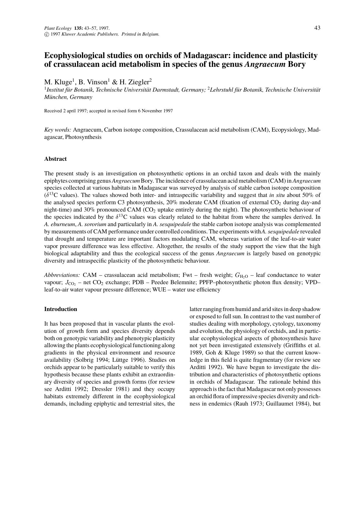 Ecophysiological studies on orchids of Madagascar: incidence and plasticity of crassulacean acid metabolism in species of the genus Angraecum Bory by Unknown