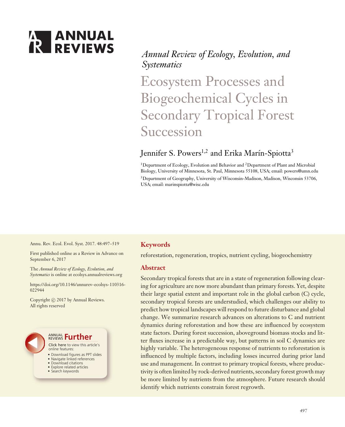 Ecosystem Processes and Biogeochemical Cycles in Secondary Tropical Forest Succession by Jennifer S. Powers and Erika Marín-Spiotta