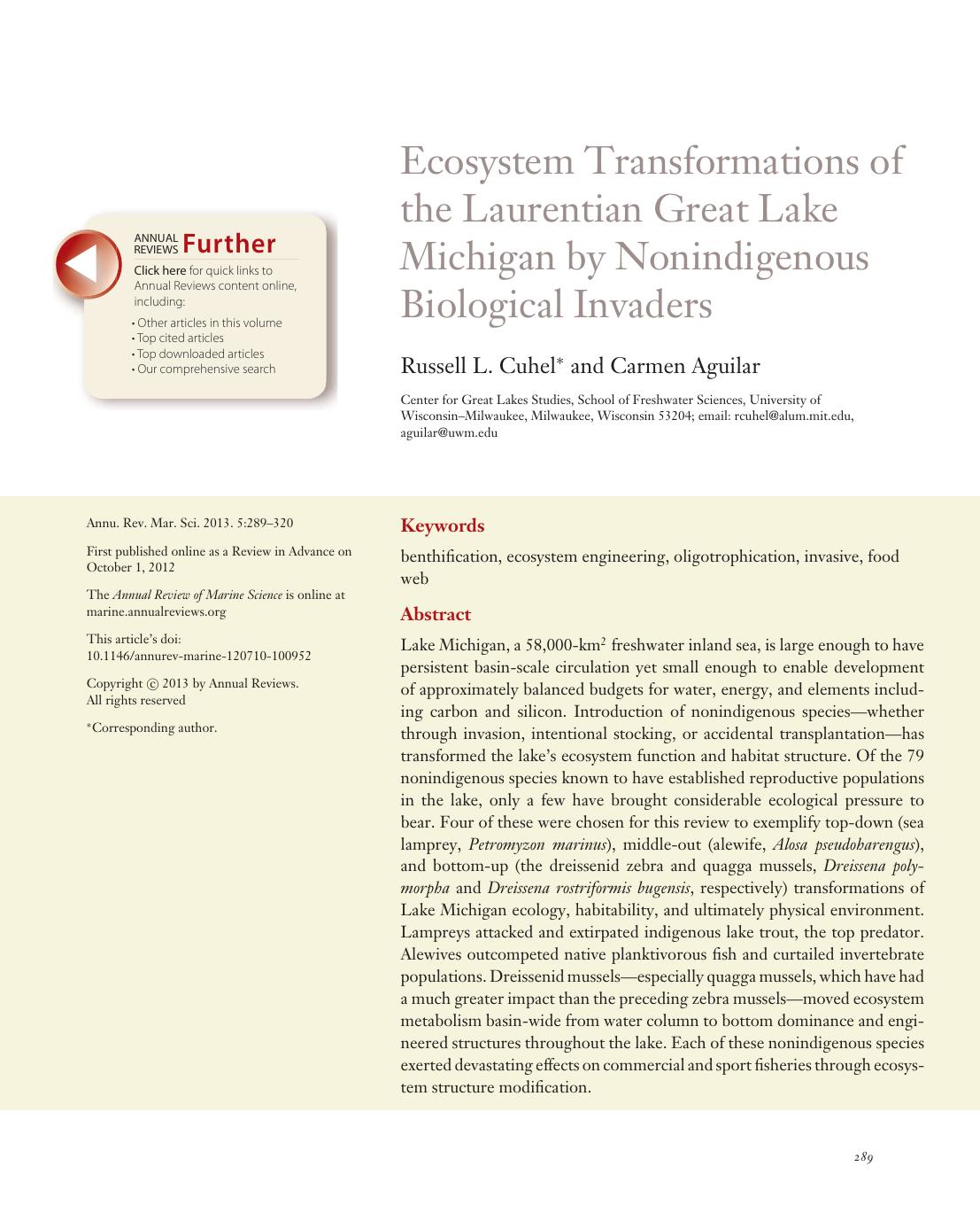 Ecosystem Transformations of the Laurentian Great Lake Michigan by Nonindigenous Biological Invaders by Russell L. Cuhel and Carmen Aguilar