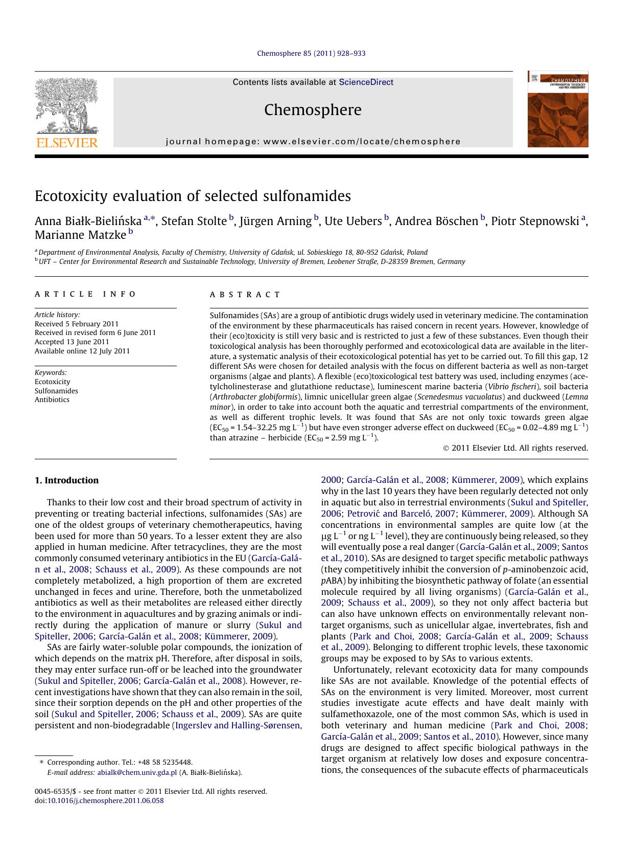 Ecotoxicity evaluation of selected sulfonamides by unknow