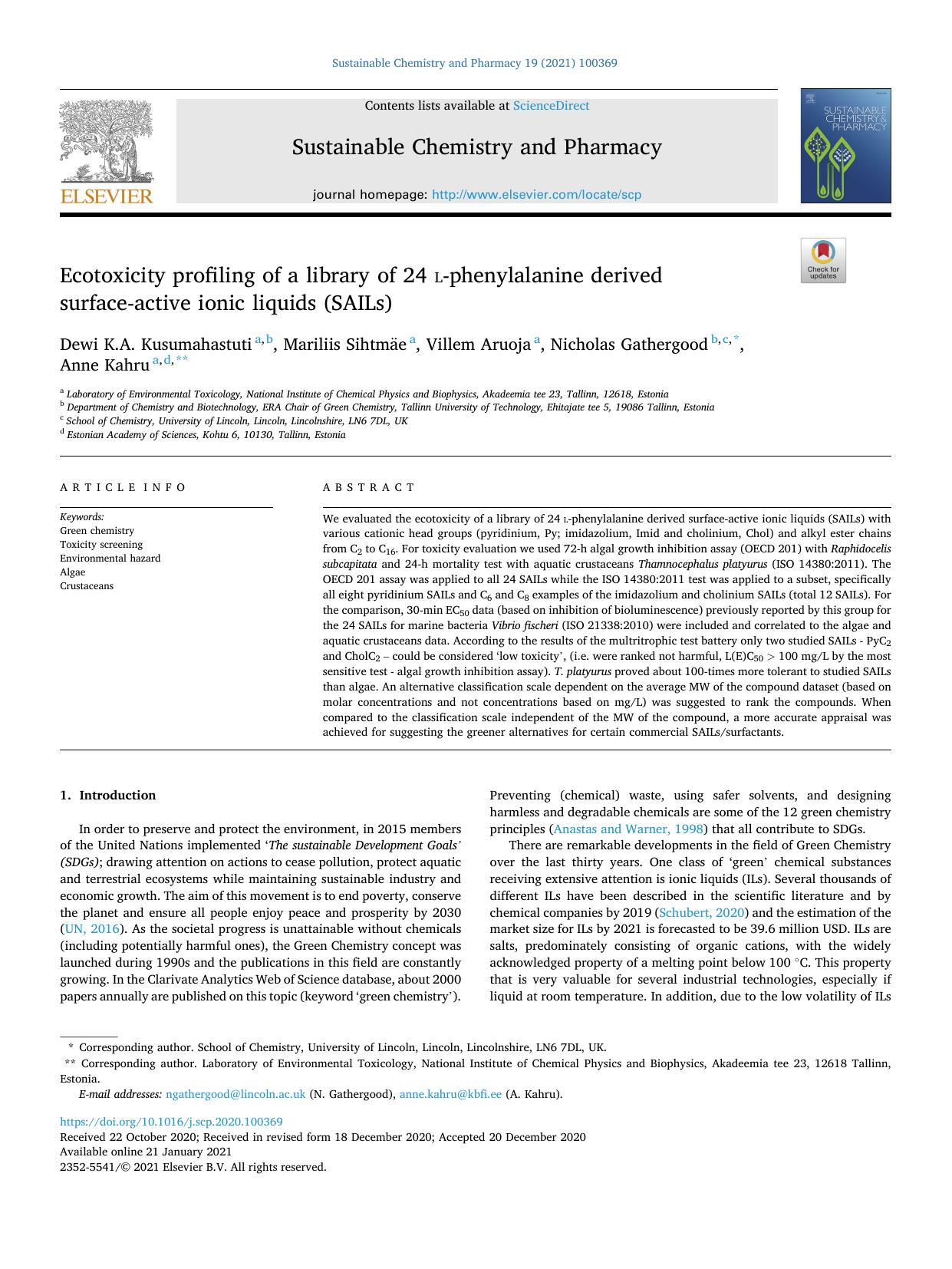 Ecotoxicity profiling of a library of 24Â  l -phenylalanine derived surface-active ionic liquids (SAILs) by Dewi K.A. Kusumahastuti & Mariliis Sihtmäe & Villem Aruoja & Nicholas Gathergood & Anne Kahru