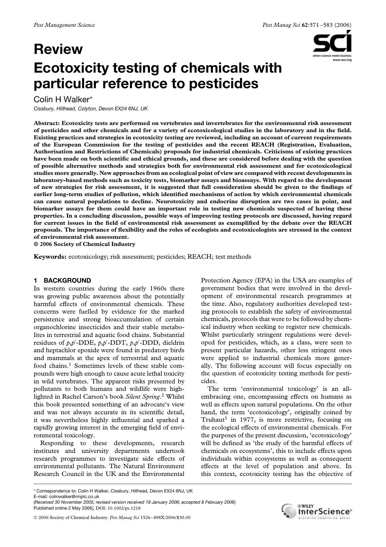 Ecotoxicity testing of chemicals with particular reference to pesticides by Unknown