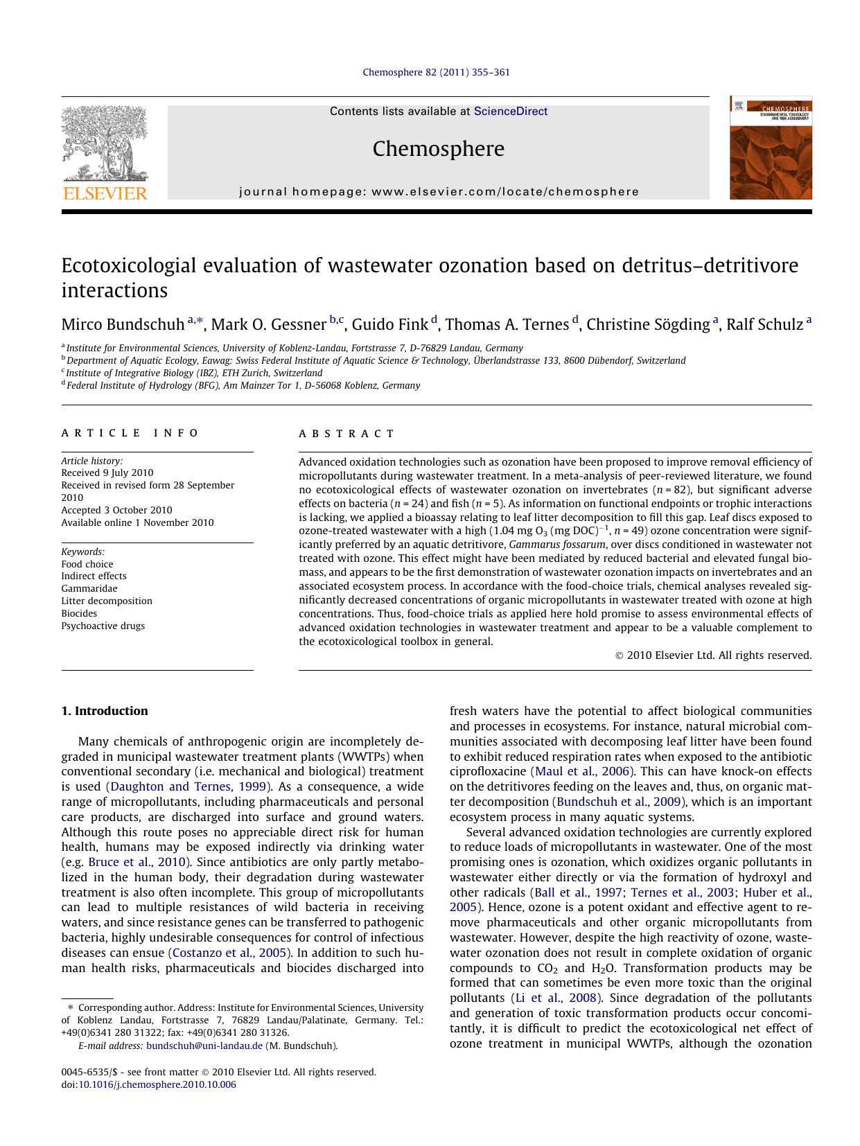 Ecotoxicologial evaluation of wastewater ozonation based on detritusÃ¢â¬âdetritivore interactions by Mirco Bundschuh & Mark O. Gessner & Guido Fink & Thomas A. Ternes & Christine Sögding & Ralf Schulz