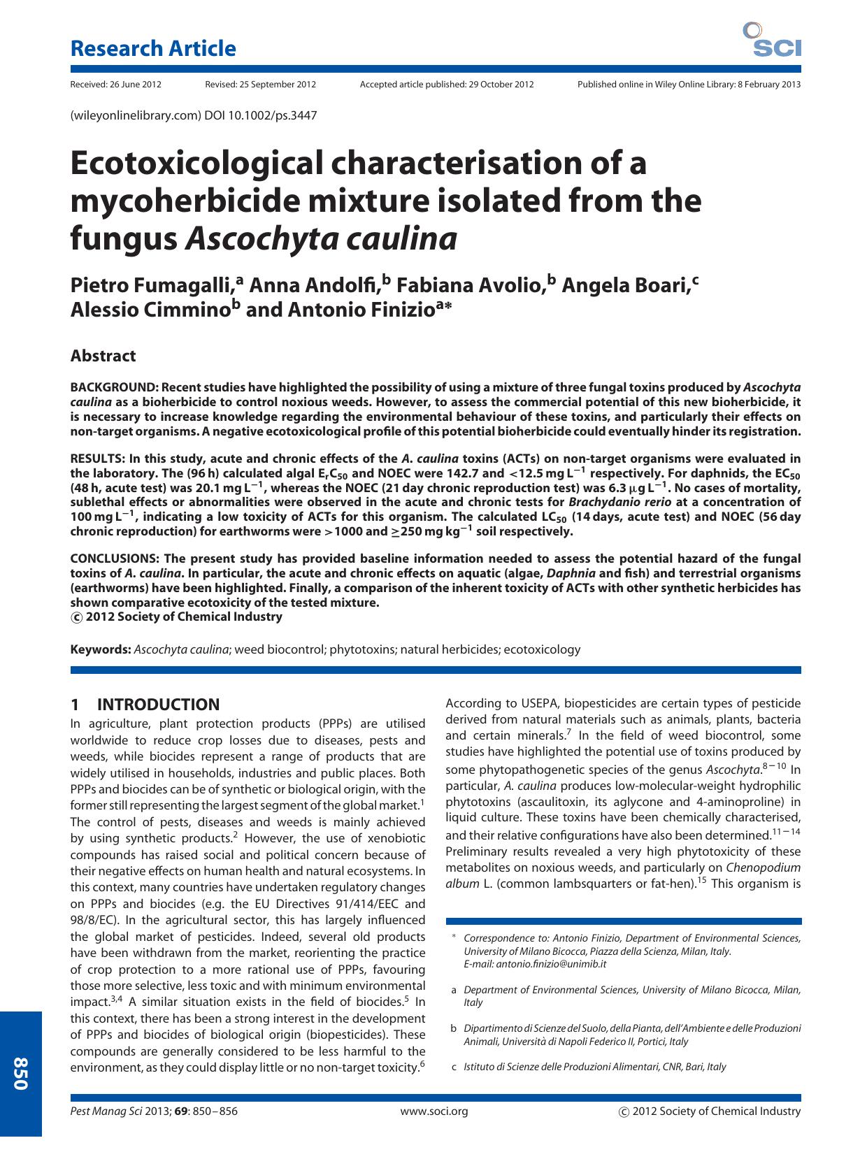 Ecotoxicological characterisation of a mycoherbicide mixture isolated from the fungus Ascochyta caulina by Unknown
