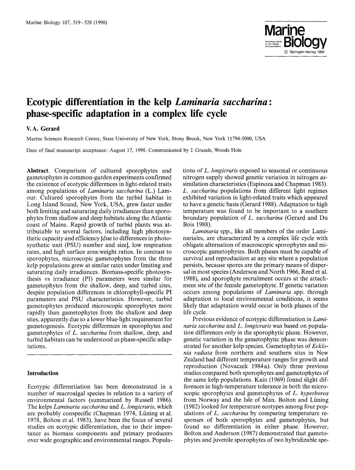 Ecotypic differentiation in the kelp <Emphasis Type="Italic">Laminaria saccharina <Emphasis>: Phase-specific adaptation in a complex life cycle by Unknown