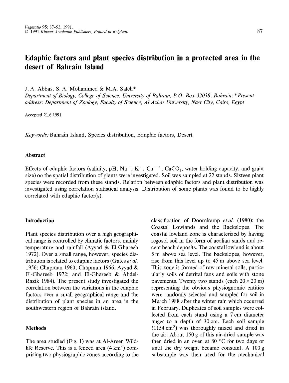 Edaphic factors and plant species distribution in a protected area in the desert of Bahrain Island by Unknown