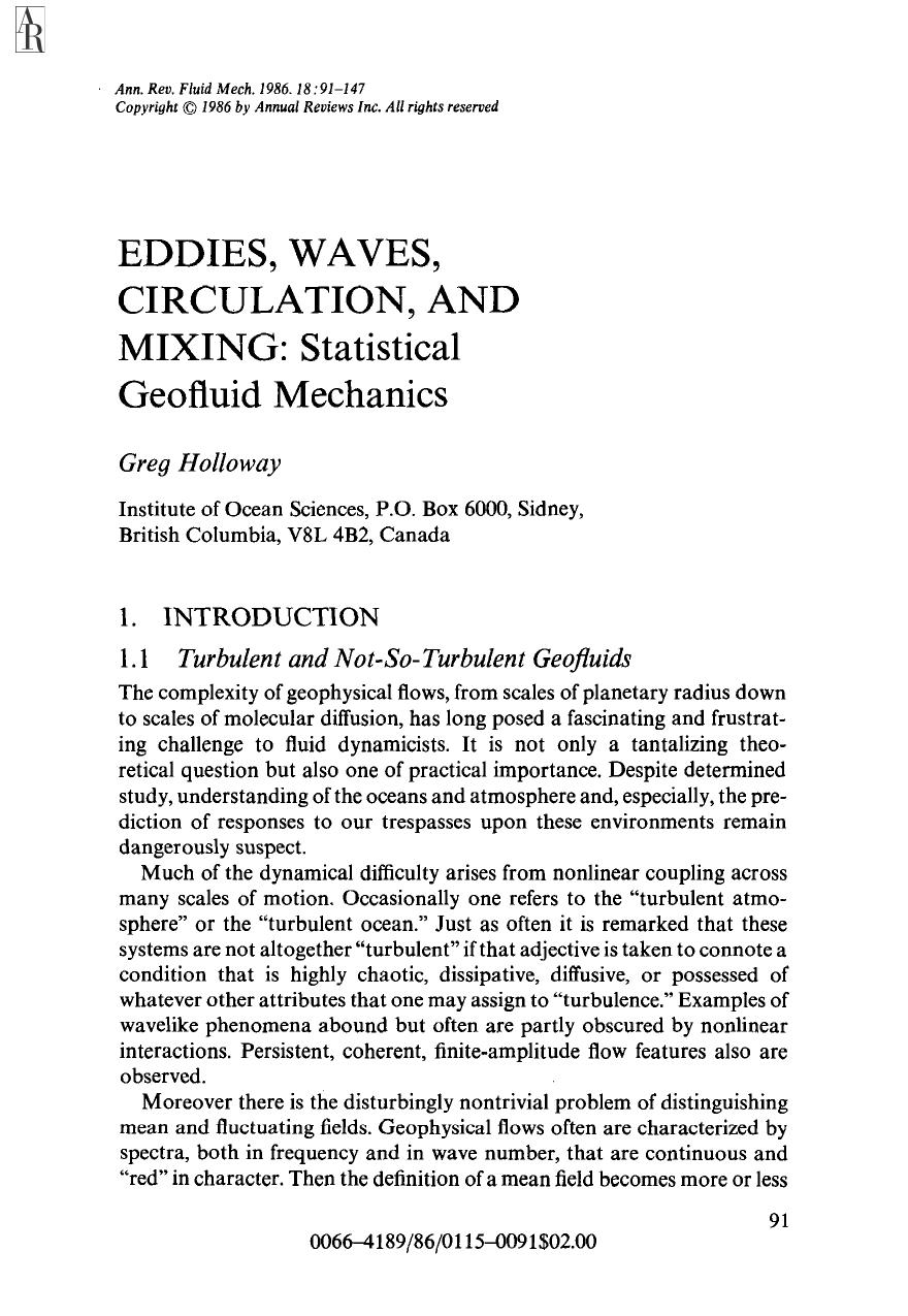 Eddies, Waves, Circulation, and Mixing: Statistical Geofluid Mechanics by G Holloway