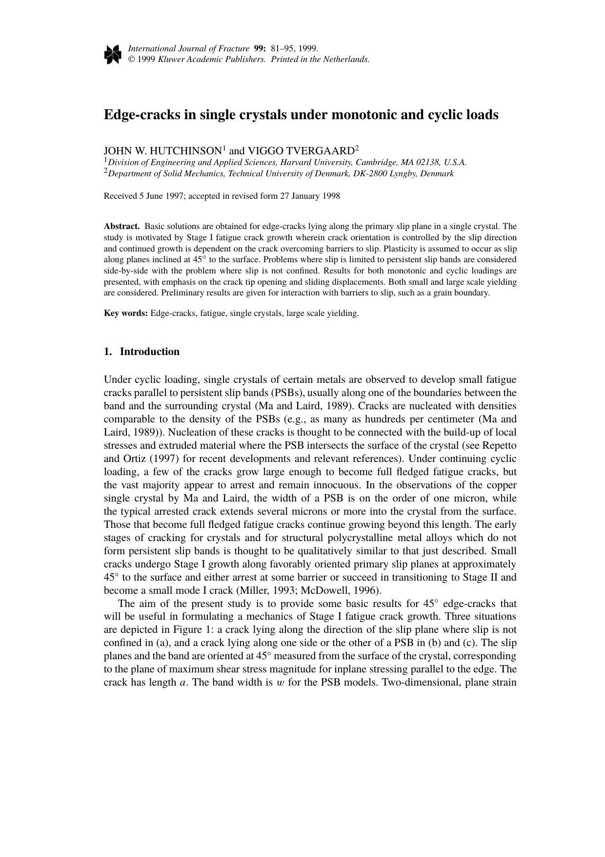 Edge-Cracks in Single Crystals Under Monotonic and Cyclic Loads by Unknown