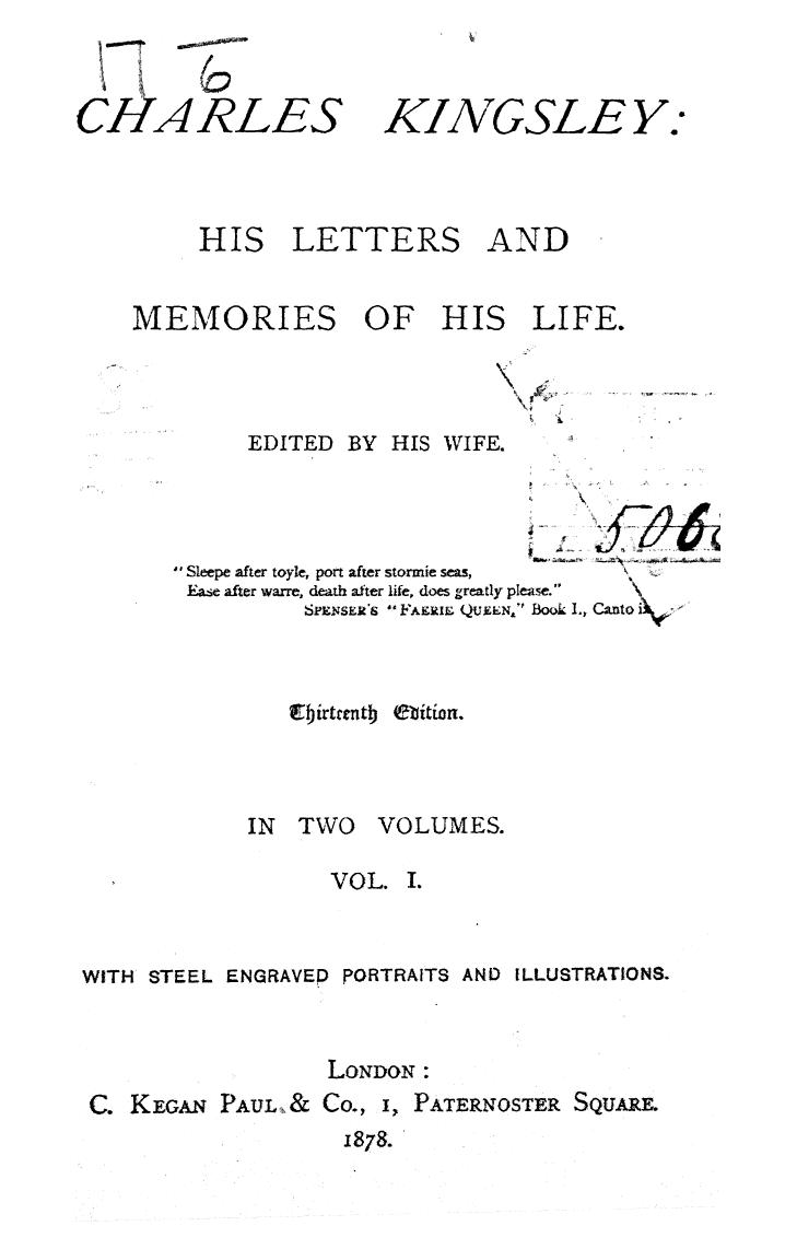 Edited BY HIS WIFE - Charles kingsley  his letters and memories of his life  . vol. 1 by 1878