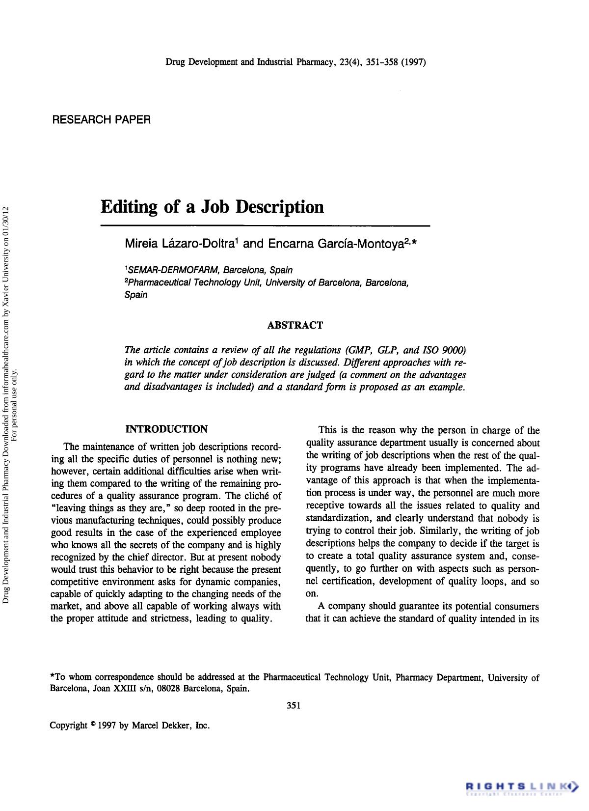 Editing of a Job Description by Mireia Lázaro-Doltra & Encarna García-Montoya