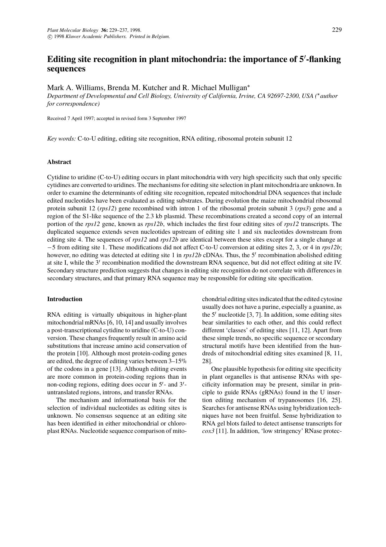 Editing site recognition in plant mitochondria: the importance of 5&#x2032;-flanking sequences by Unknown