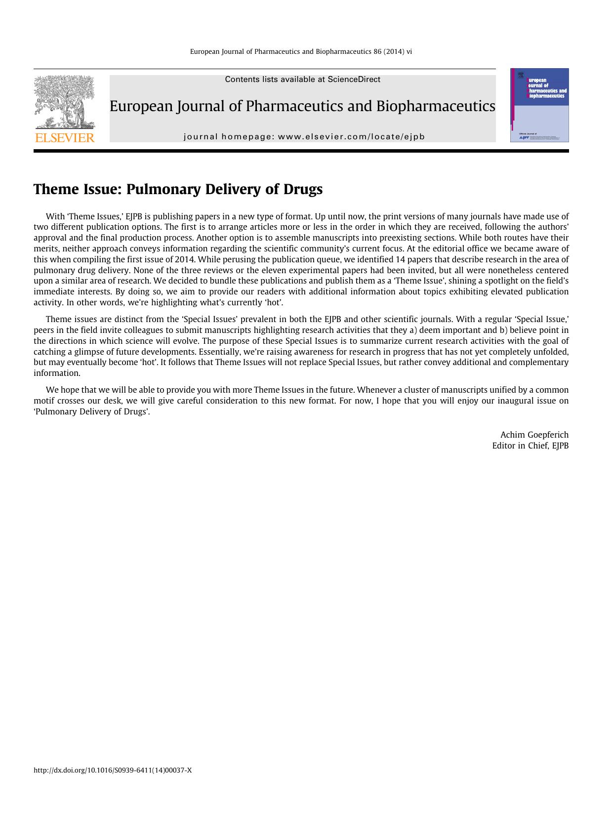 Editorial - Theme issue âPulmonary Delivery of Drugsâ by Unknown