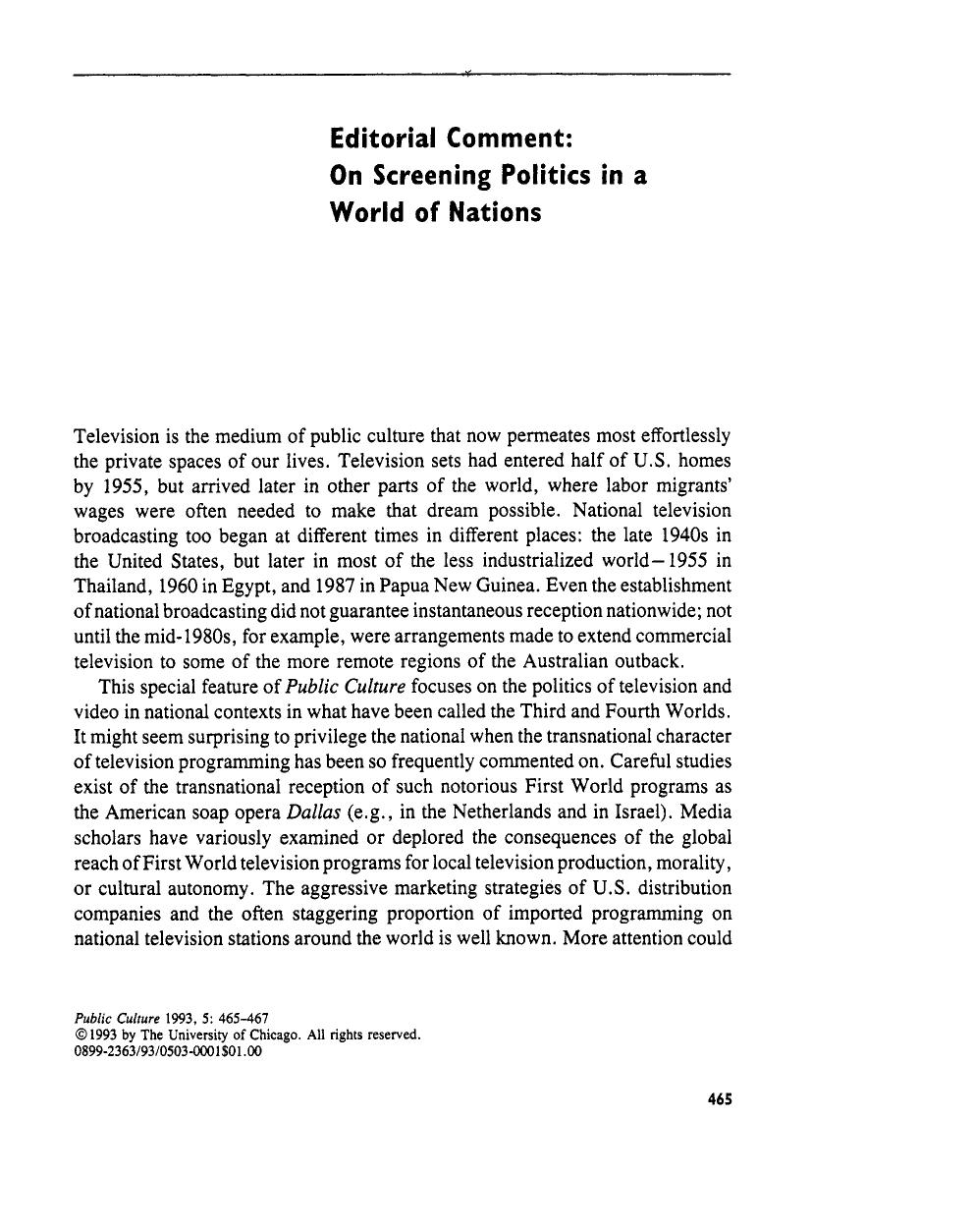 Editorial Comment [On Screening Politics In A World Of Nations] by Unknown