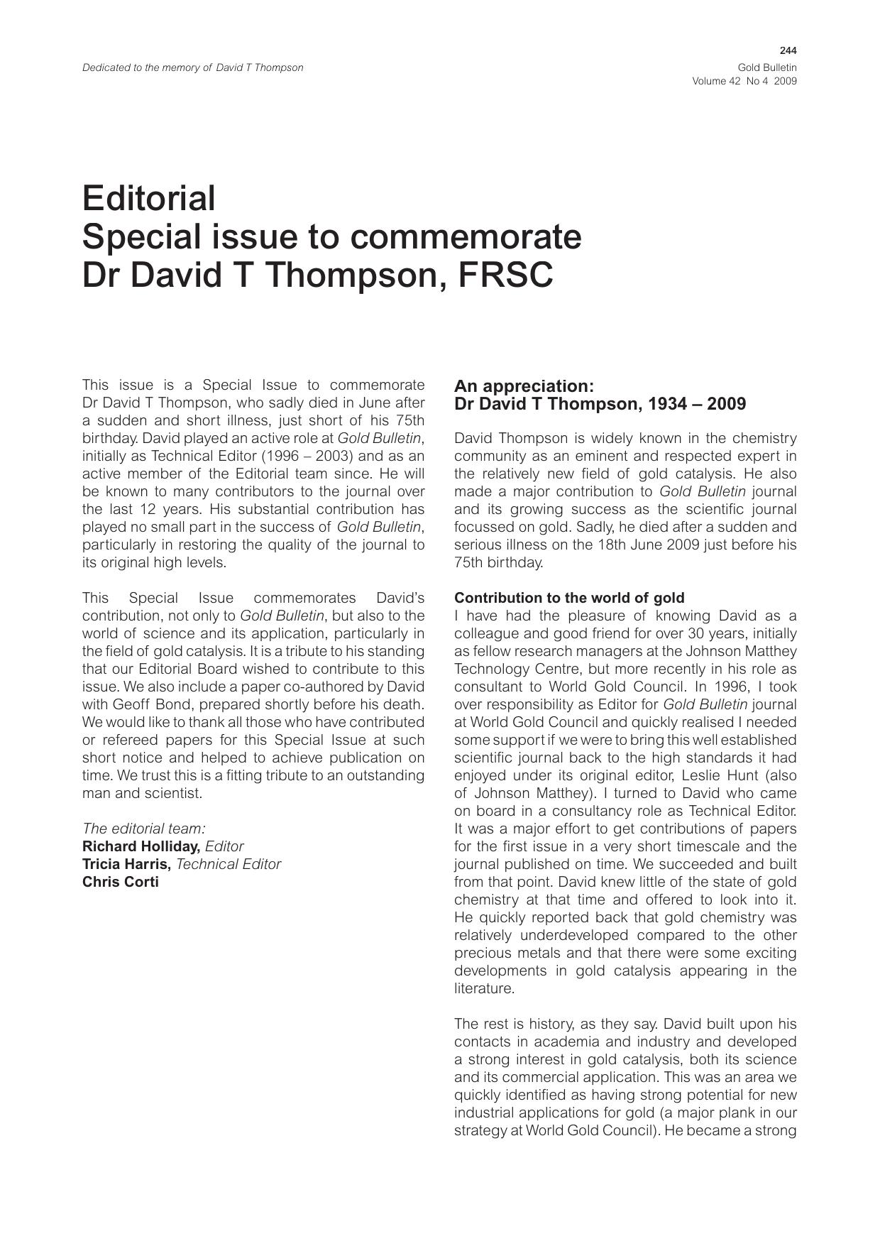 Editorial Special issue to commemorate Dr David T Thompson, FRSC by Unknown