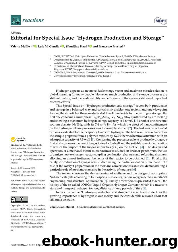 Editorial for Special Issue âHydrogen Production and Storageâ by Valérie Meille Luis M. Gandía Sibudjing Kawi & Francesco Frusteri