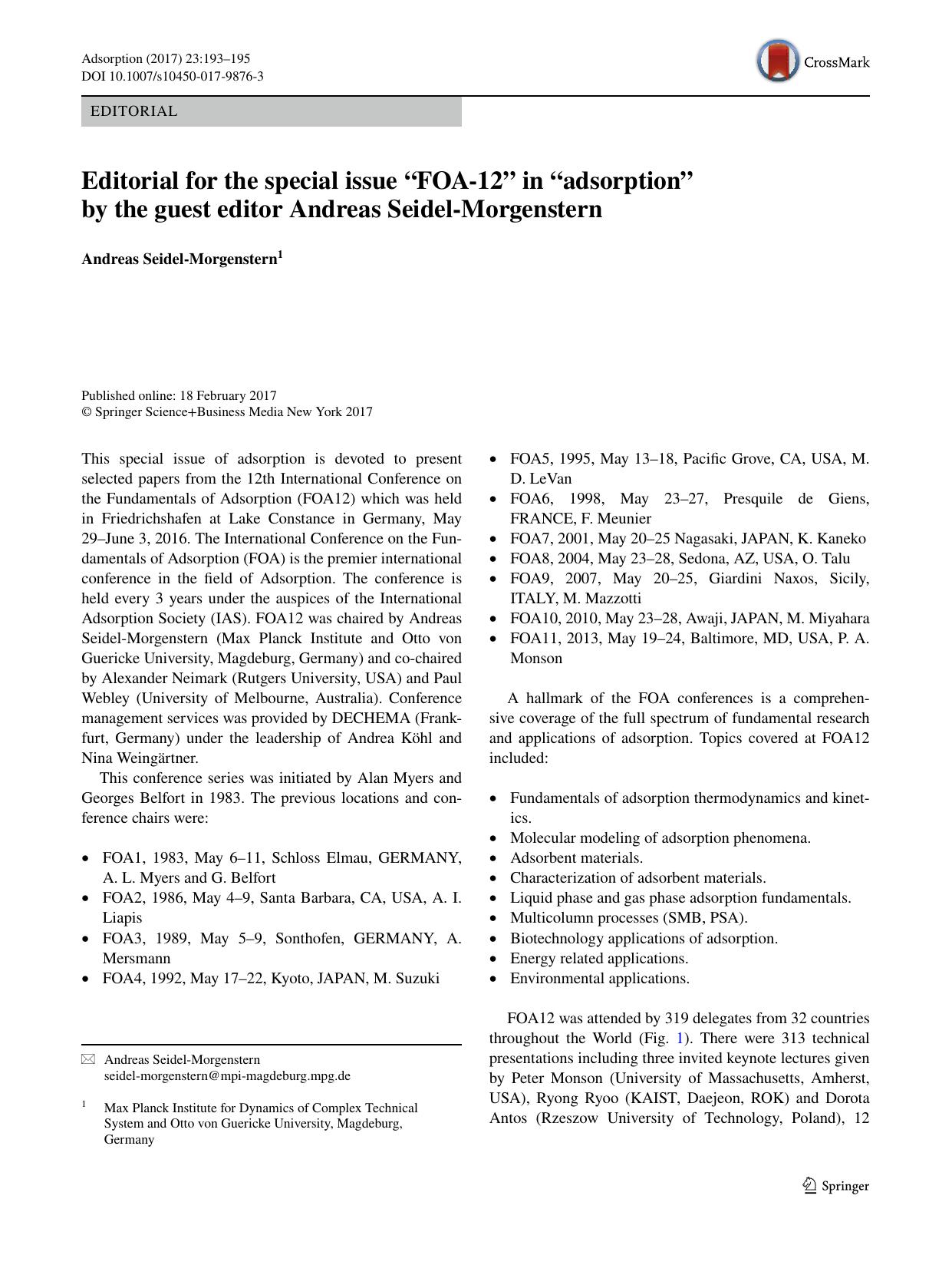 Editorial for the special issue “FOA-12” in “adsorption” by the guest editor Andreas Seidel-Morgenstern by Andreas Seidel-Morgenstern