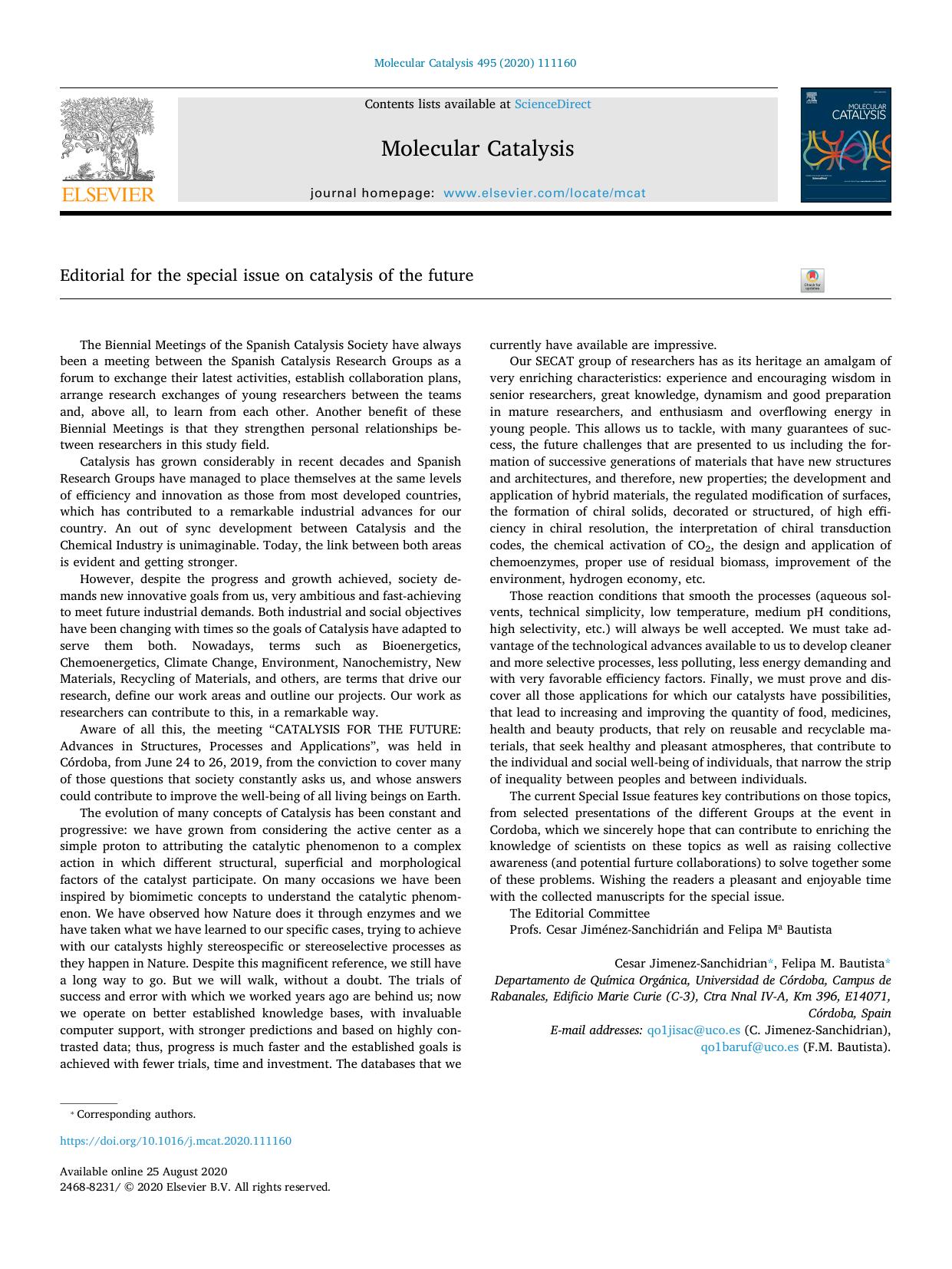 Editorial for the special issue on catalysis of the future by Cesar Jimenez-Sanchidrian