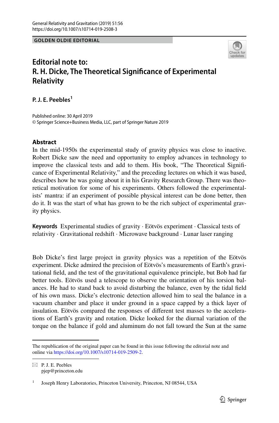 Editorial note to: R. H. Dicke, The Theoretical Significance of Experimental Relativity by P. J. E. Peebles