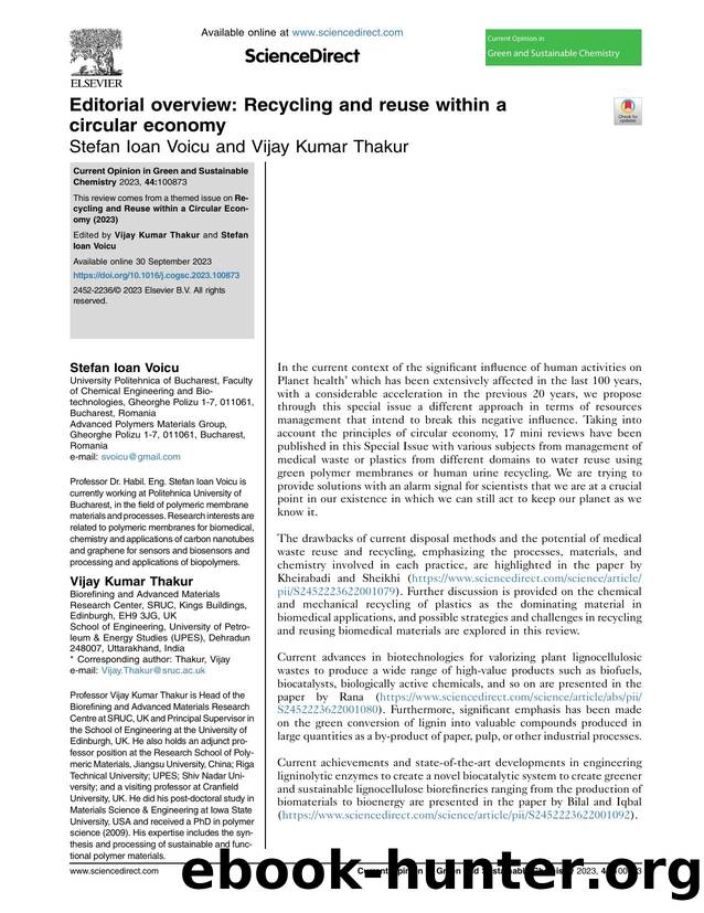 Editorial overview: Recycling and reuse within a circular economy by Stefan Ioan Voicu