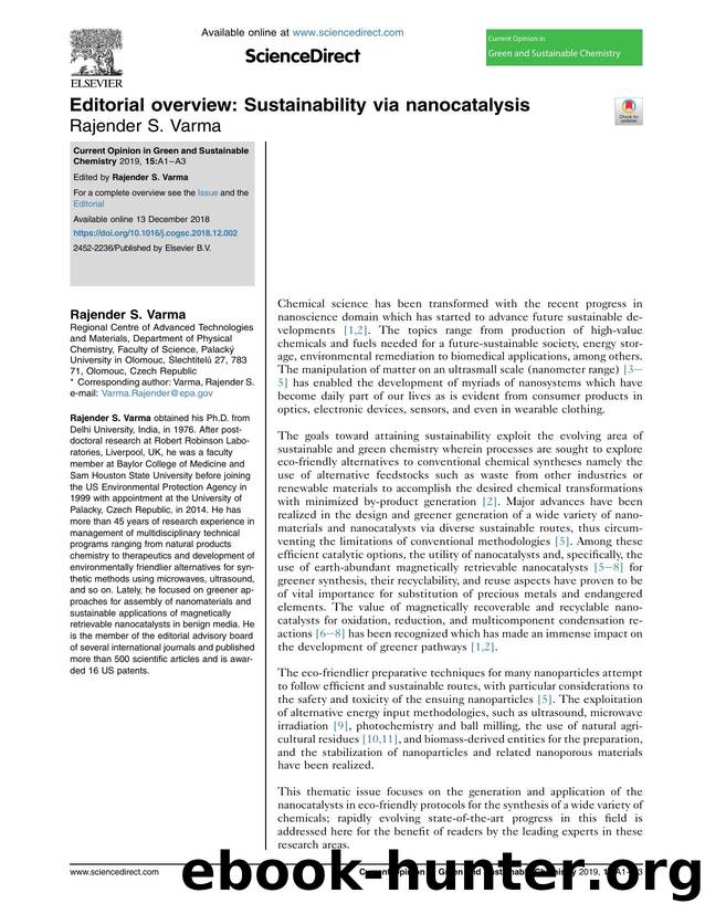 Editorial overview: Sustainability via nanocatalysis by Rajender S. Varma
