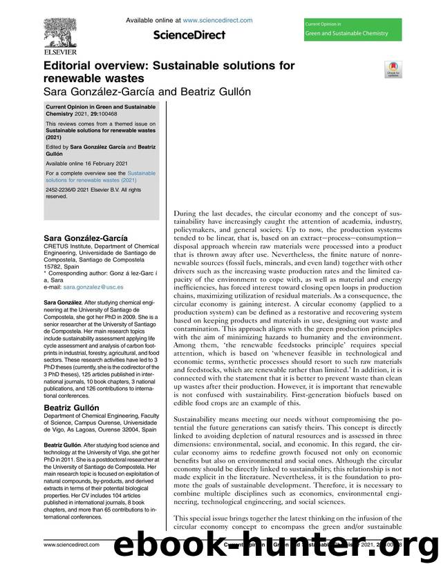 Editorial overview: Sustainable solutions for renewable wastes by Sara González-García & Beatriz Gullón