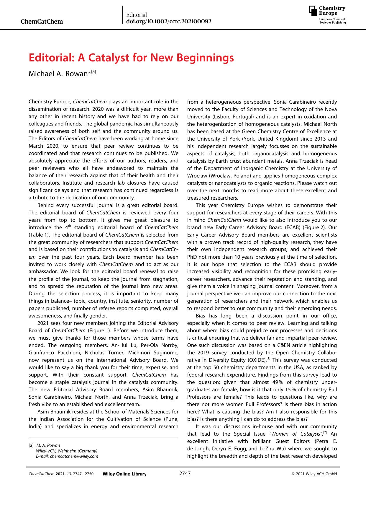 Editorial: A Catalyst for New Beginnings by Unknown