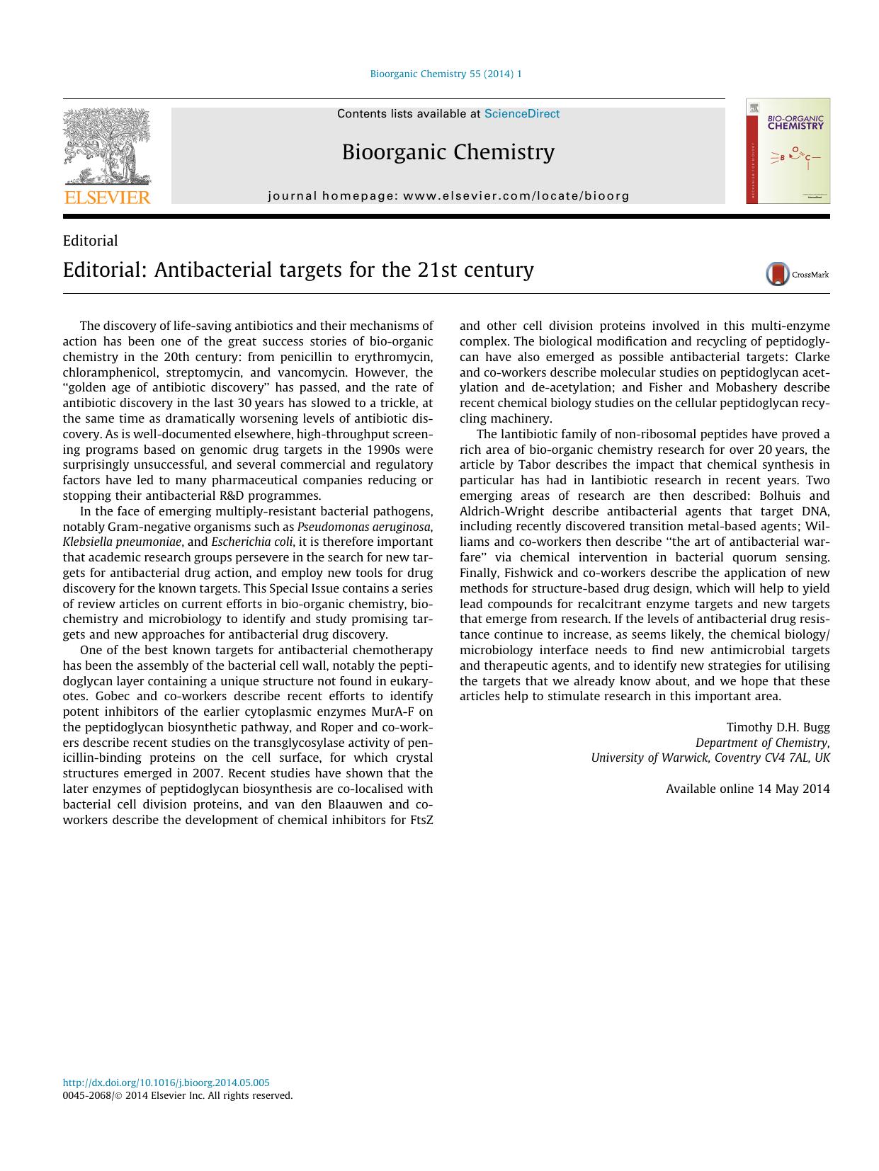 Editorial: Antibacterial targets for the 21st century by Timothy D.H. Bugg