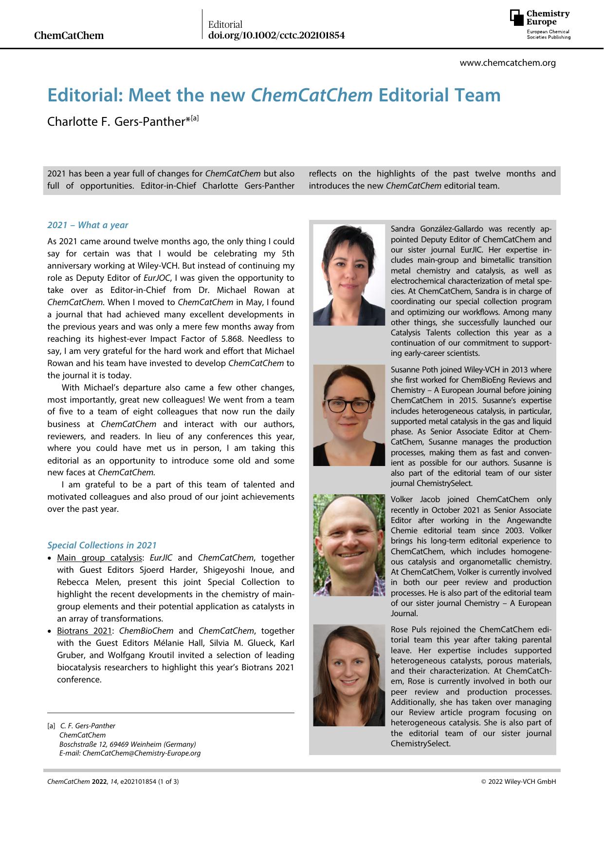 Editorial: Meet the new ChemCatChem Editorial Team by Unknown