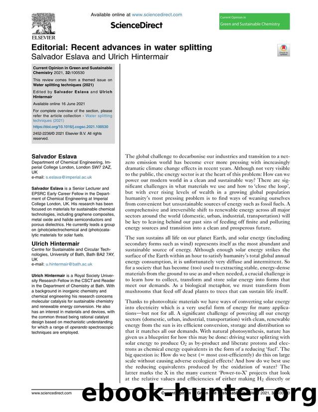 Editorial: Recent advances in water splitting by Salvador Eslava & Ulrich Hintermair