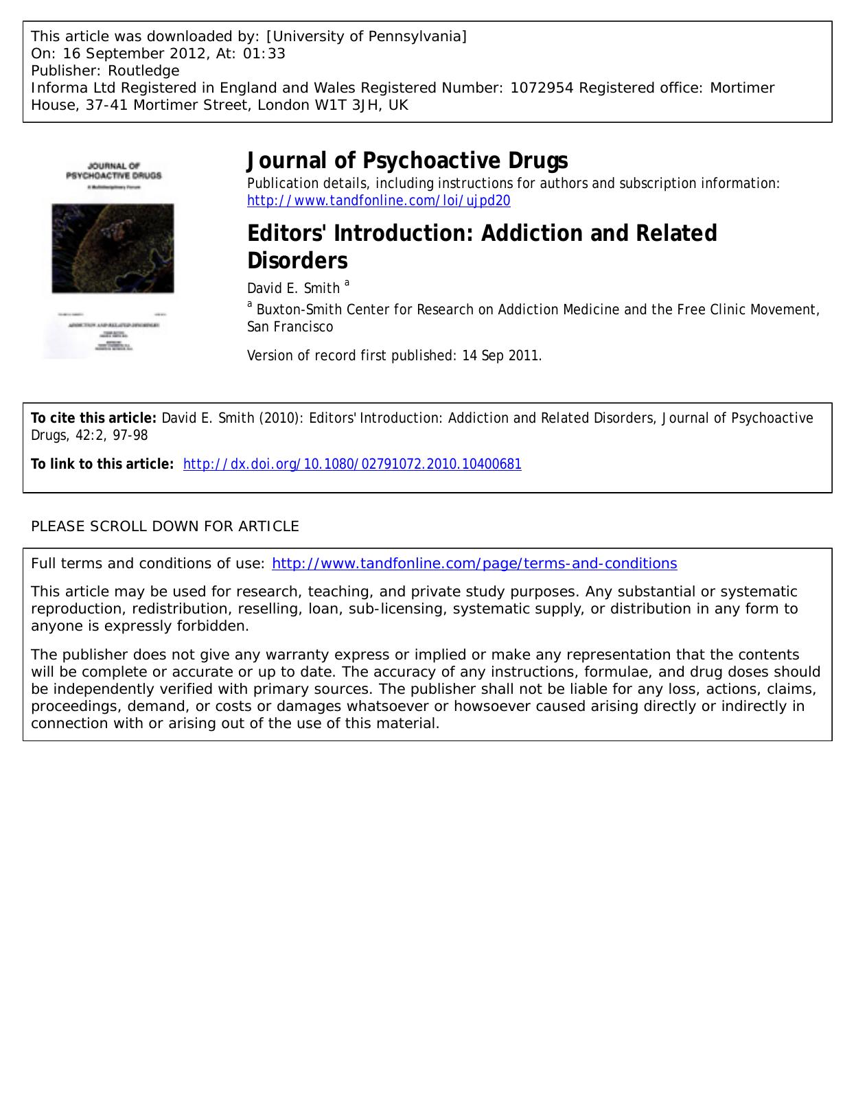 Editors' Introduction: Addiction and Related Disorders by David E. Smith a