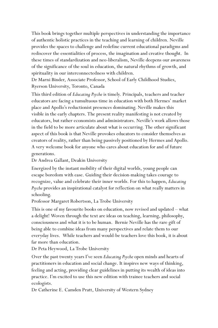 Educating Psyche: Imagination, Emotion and the Unconscious in Learning by Dr Bernie Neville
