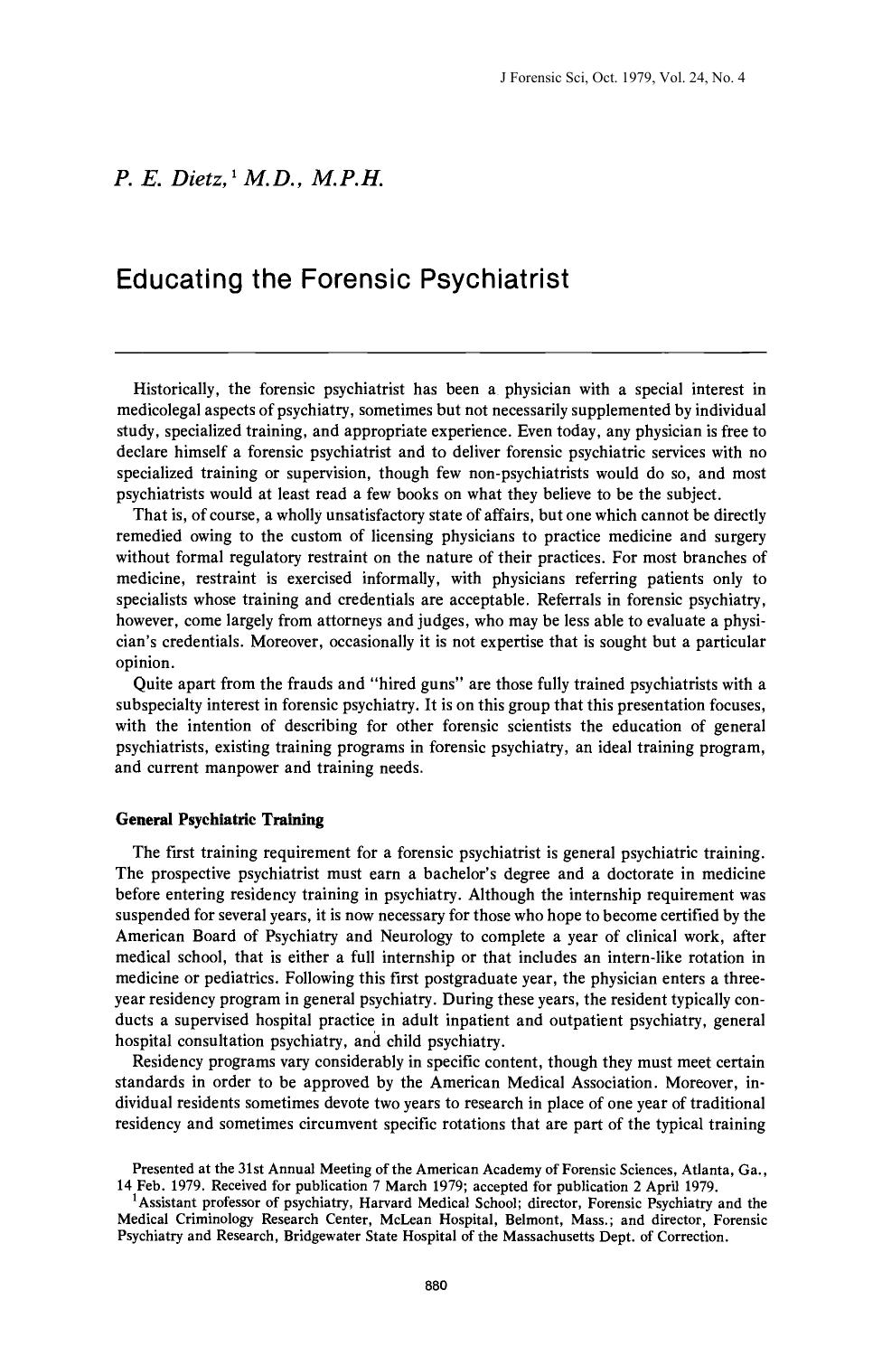 Educating the Forensic Psychiatrist by Dietz PE