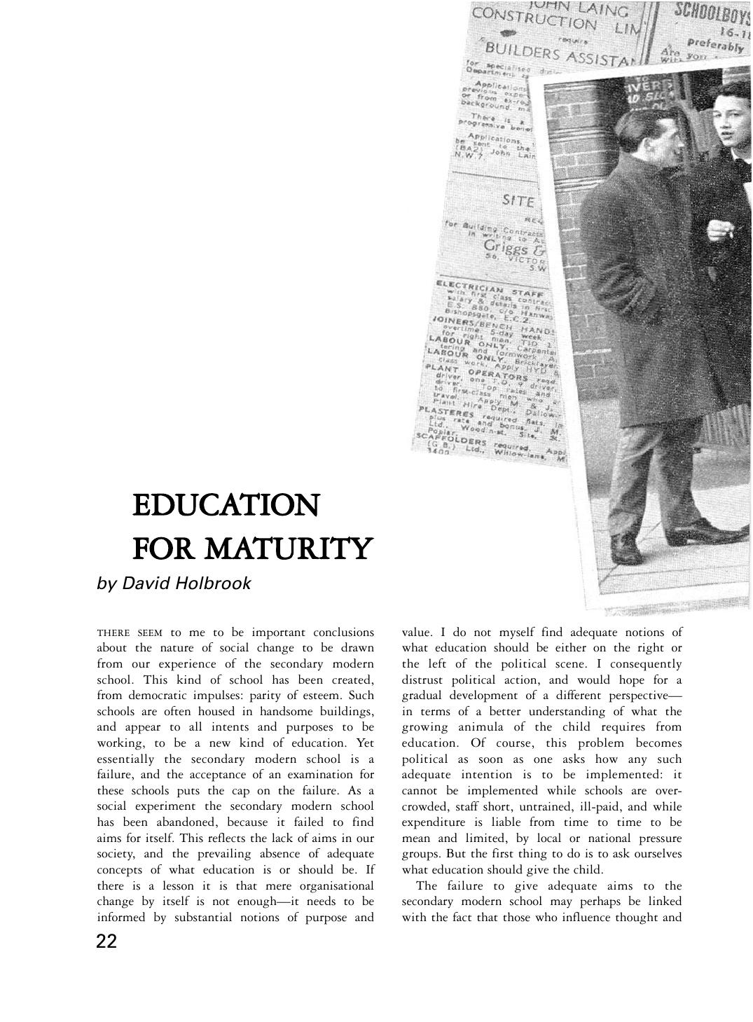 Education for Maturity by David Holbrook