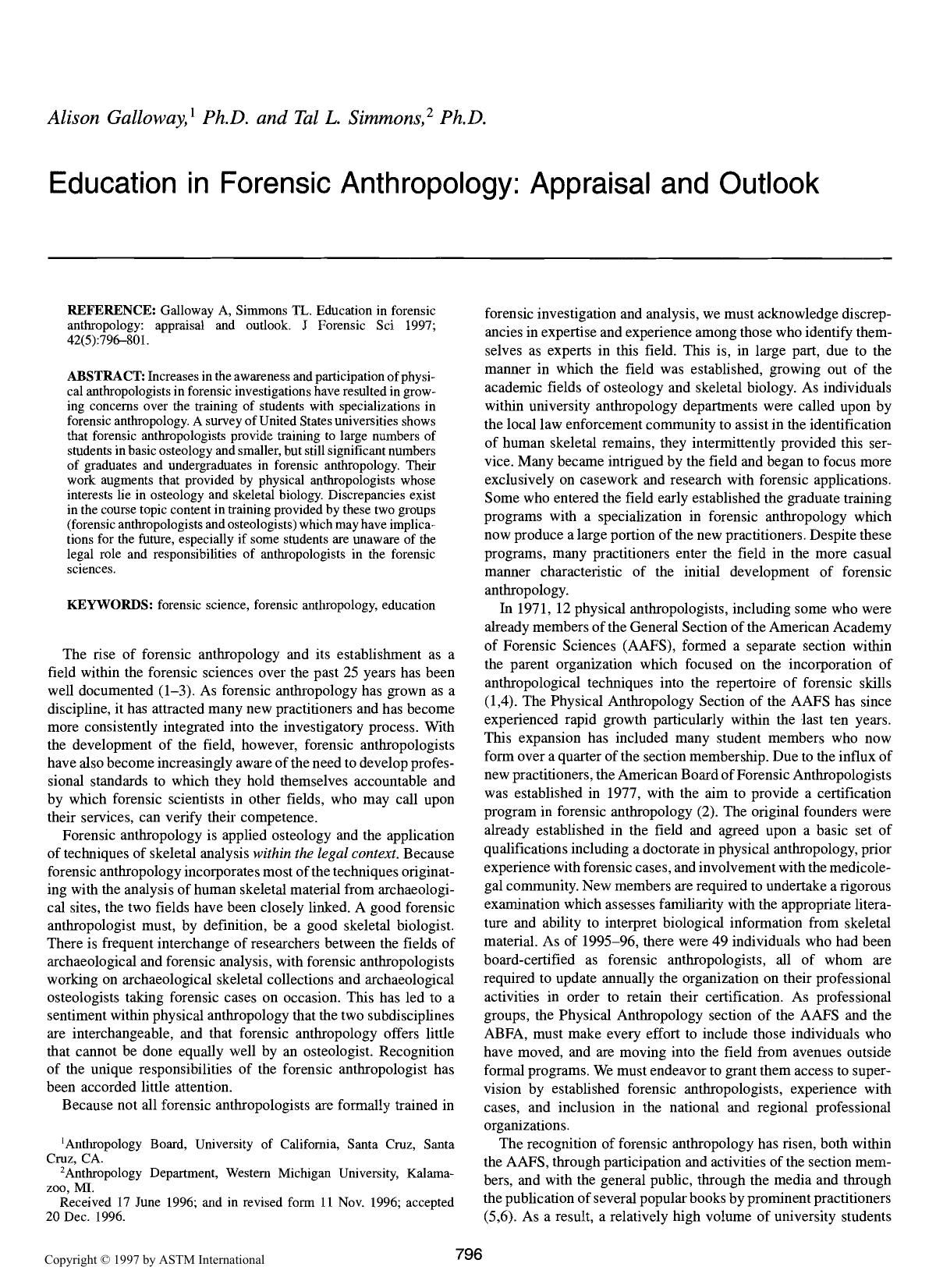 Education in forensic anthropology: appraisal and outlook by Galloway A Simmons TL