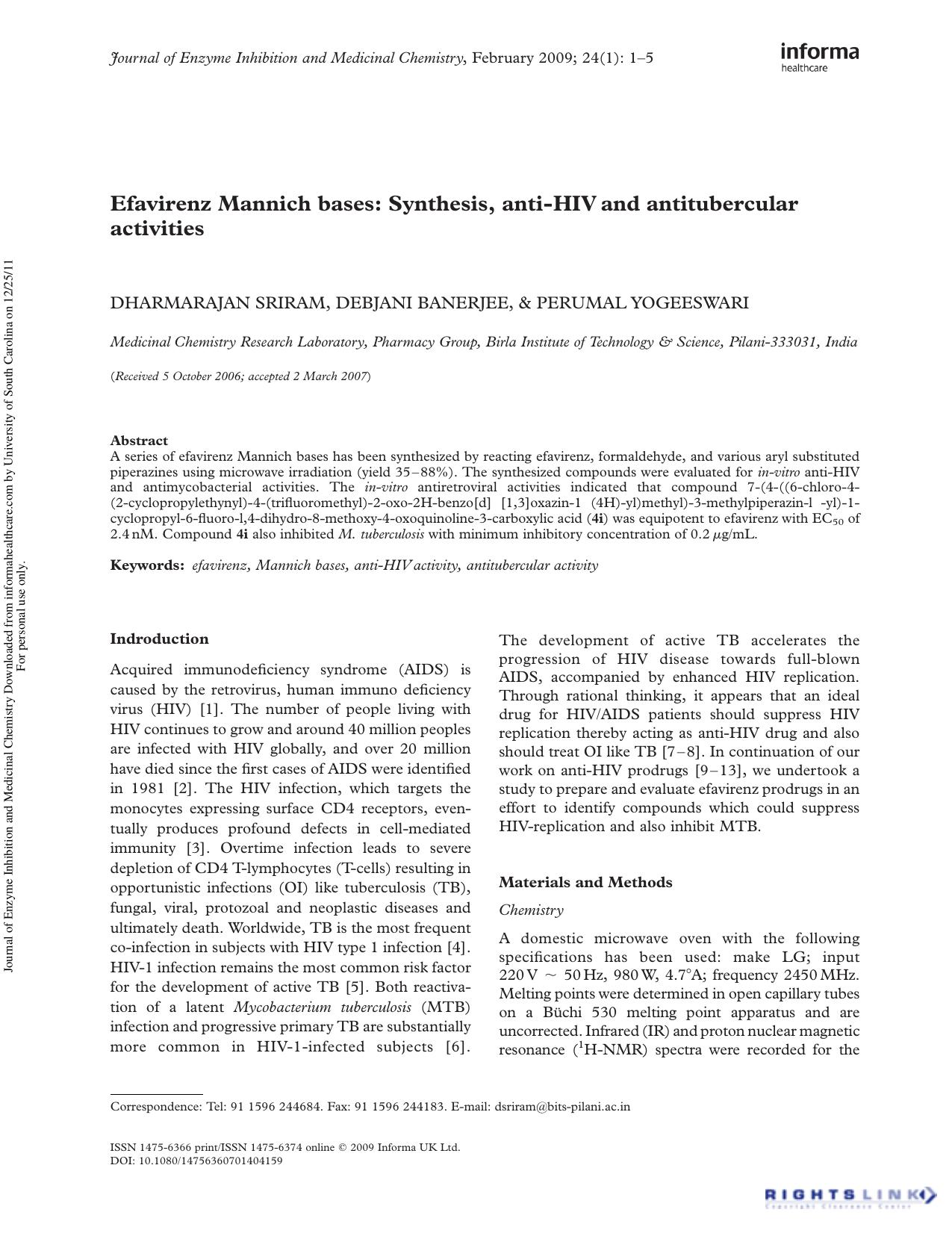 Efavirenz Mannich bases: Synthesis, anti-HIV and antitubercular activities by Dharmarajan Sriram Debjani Banerjee Perumal Yogeeswari