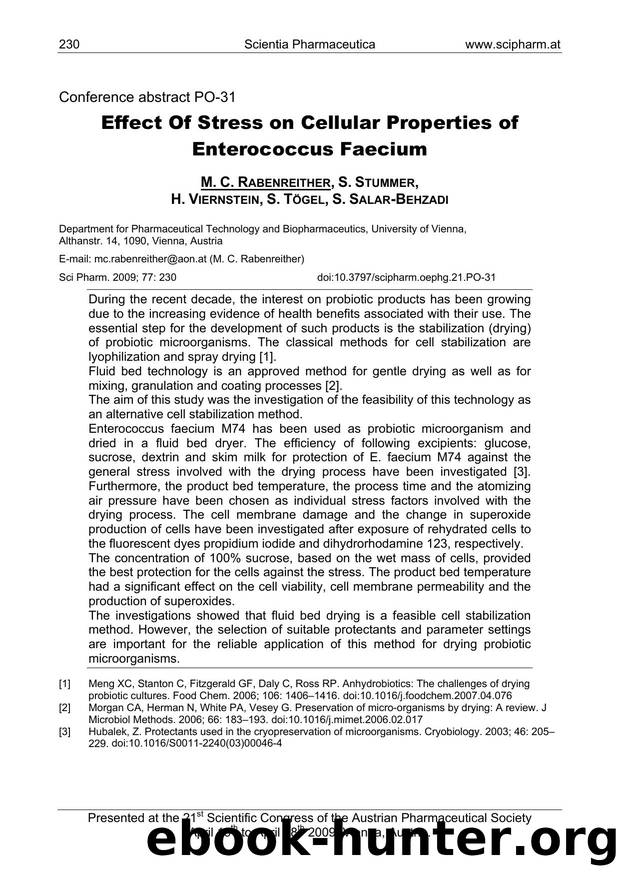 Effect Of Stress on Cellular Properties of Enterococcus Faecium by M. C. RABENREITHER & S. STUMMER & H. VIERNSTEIN & S. TÖGEL & S. SALAR-BEHZADI