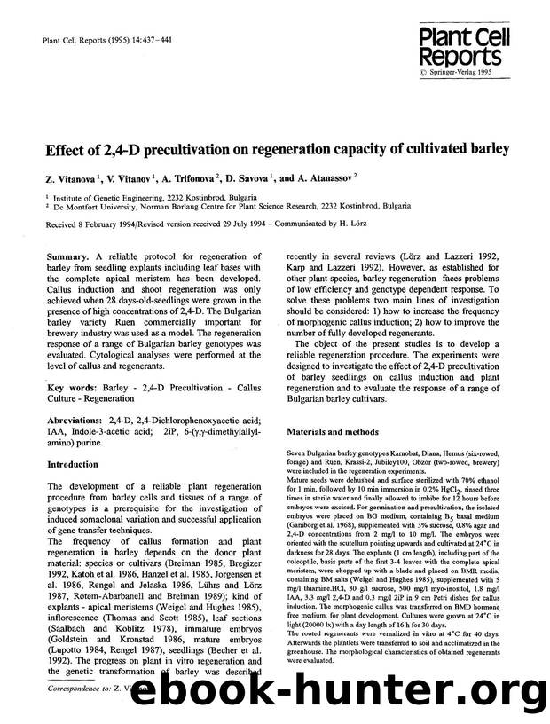 Effect of 2,4-D precultivation on regeneration capacity of cultivated barley by Unknown