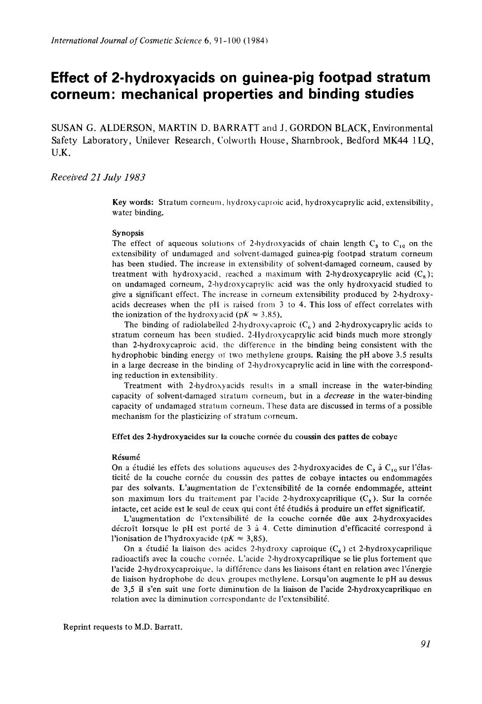 Effect of 2-hydroxyacids on guinea-pig footpad stratum corneum: mechanical properties and binding studies by Unknown