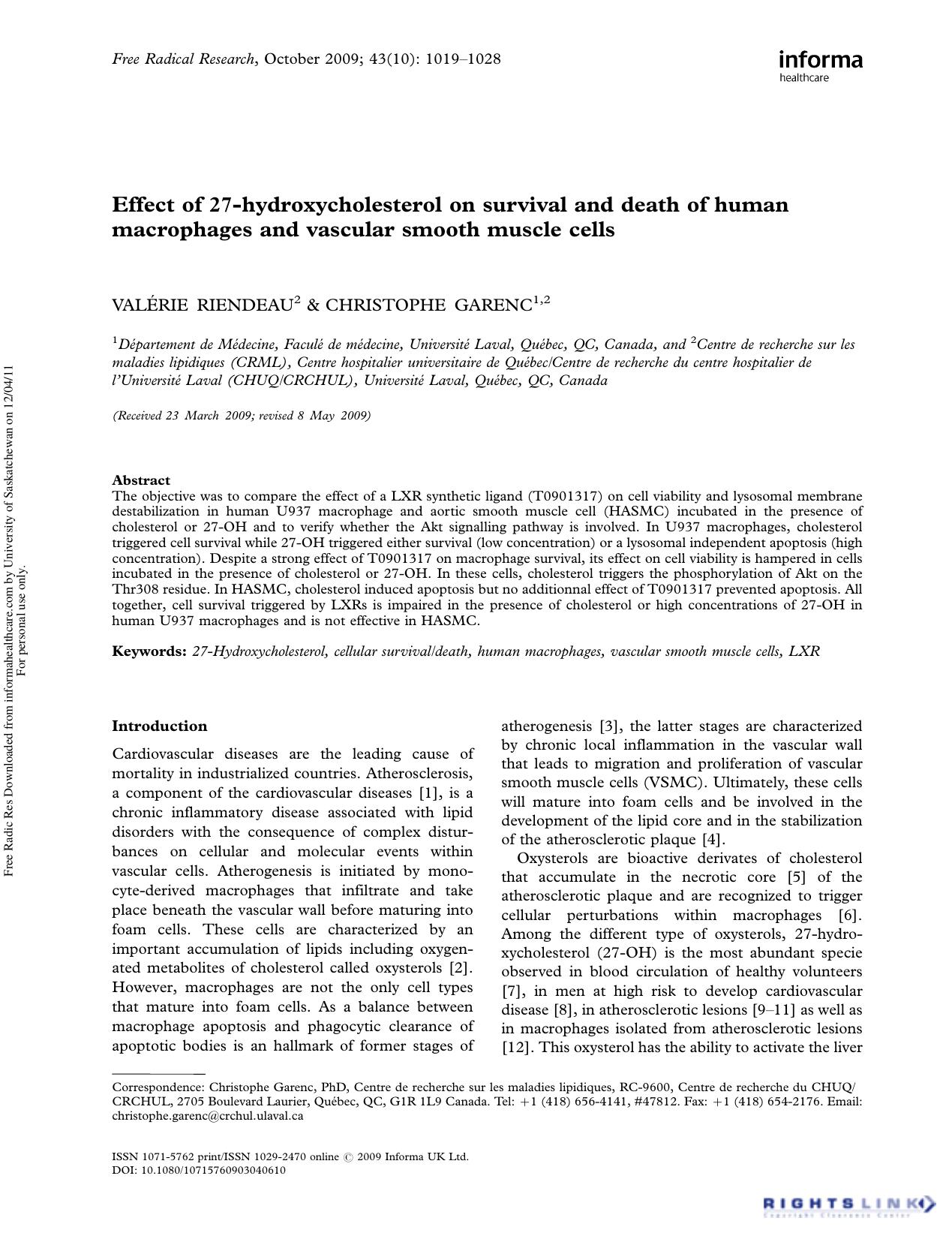 Effect of 27-hydroxycholesterol on survival and death of human macrophages and vascular smooth muscle cells by Valérie Riendeau2 Christophe Garenc PhD1 2*