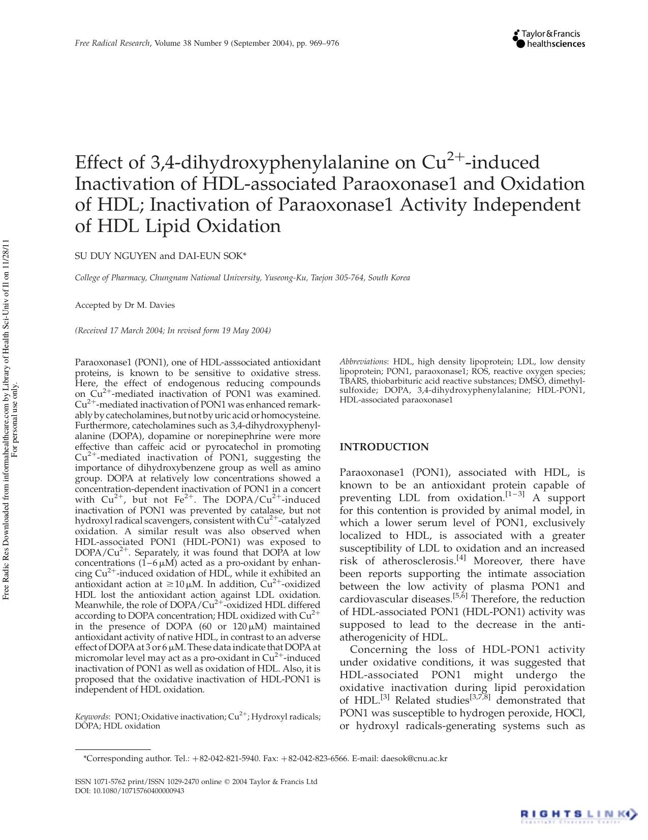 Effect of 3,4-dihydroxyphenylalanine on Cu2+-induced Inactivation of HDL-associated Paraoxonase1 and Oxidation of HDL; Inactivation of Paraoxonase1 Activity Independent of HDL Lipid Oxidation by Su Duy Nguyen & Dai-Eun Sok