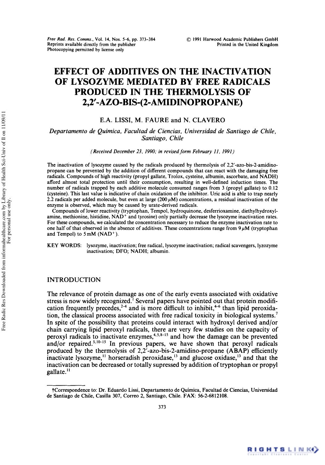 Effect of Additives on the Inactivation of Lysozyme Mediated by Free Radicals Produced in the Thermolysis of 2, 2-Azo-Bis-(2-Amidinopropane) by E. A. Lissi1† M. Faure1 & N. Clavero1
