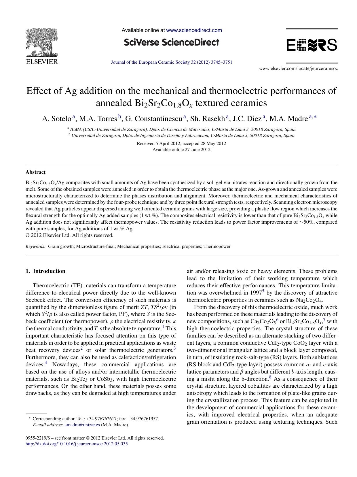 Effect of Ag addition on the mechanical and thermoelectric performances of annealed Bi2Sr2Co1.8Ox textured ceramics by A. Sotelo
