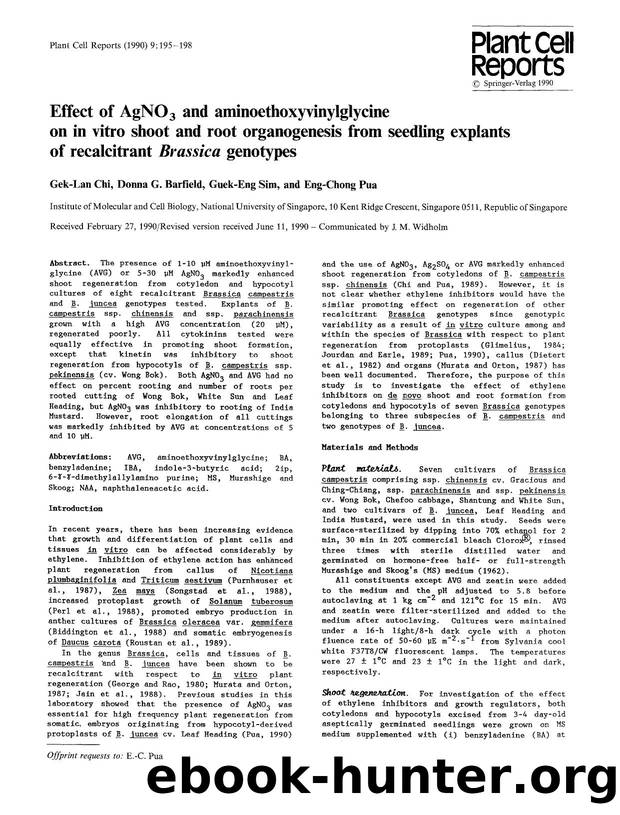Effect of AgNO<Subscript>3<Subscript> and aminoethoxyvinylglycine on in vitro shoot and root organogenesis from seedling explants of recalcitrant <Emphasis Type="Italic">Brassica<Emphasis> genotypes by Unknown