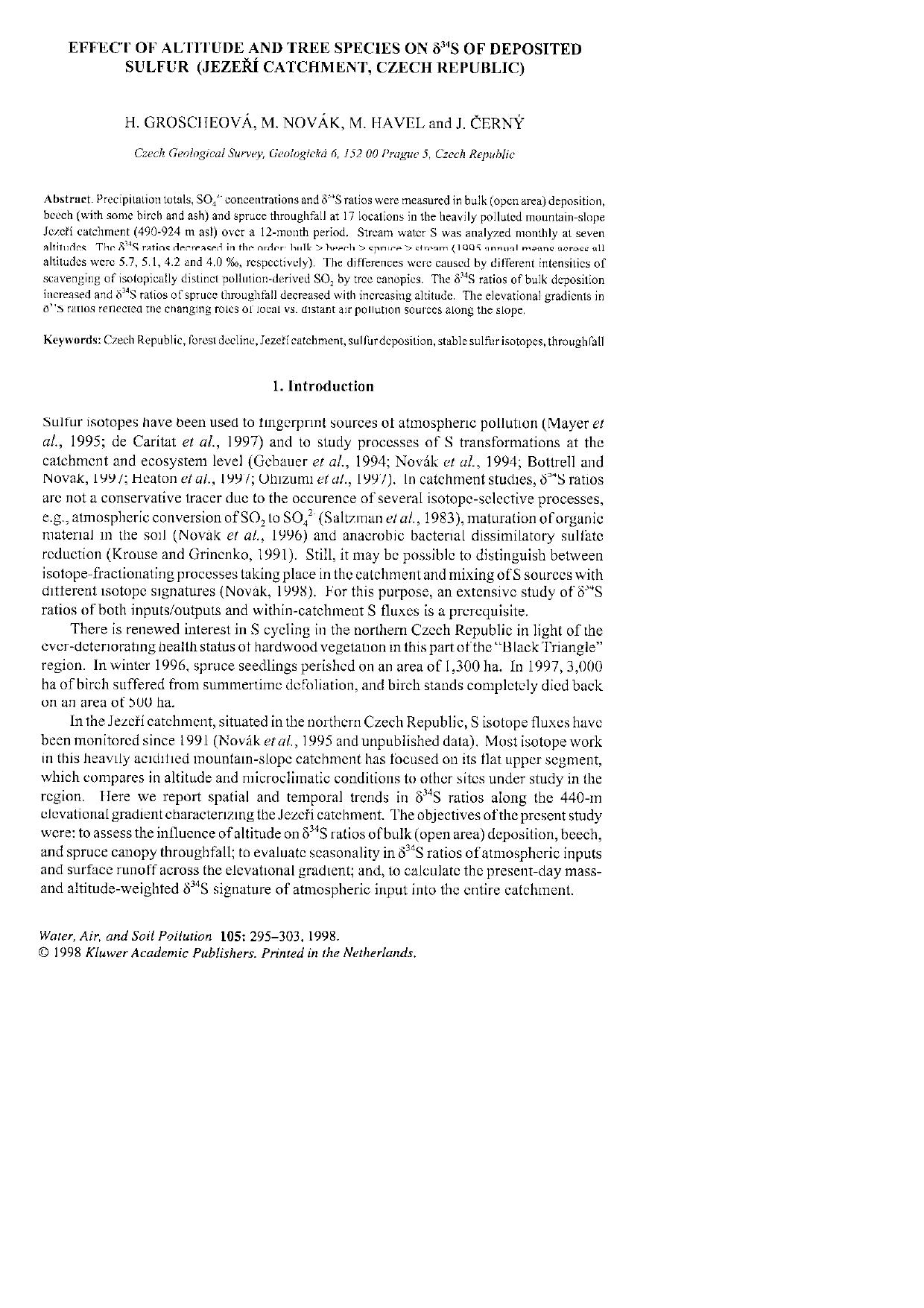 Effect of Altitude and Tree Species on δ34S of Deposited Sulfur (Jezeří Catchment, Czech Republic) by Unknown