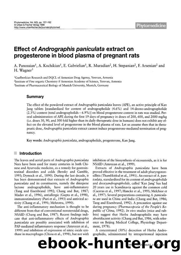 Effect of Andrographis paniculata extract on progesterone in blood plasma of pregnant rats by A. Panossian & A. Kochikian & E. Gabrielian & R. Muradian & H. Stepanian & F. Arsenian & H. Wagner