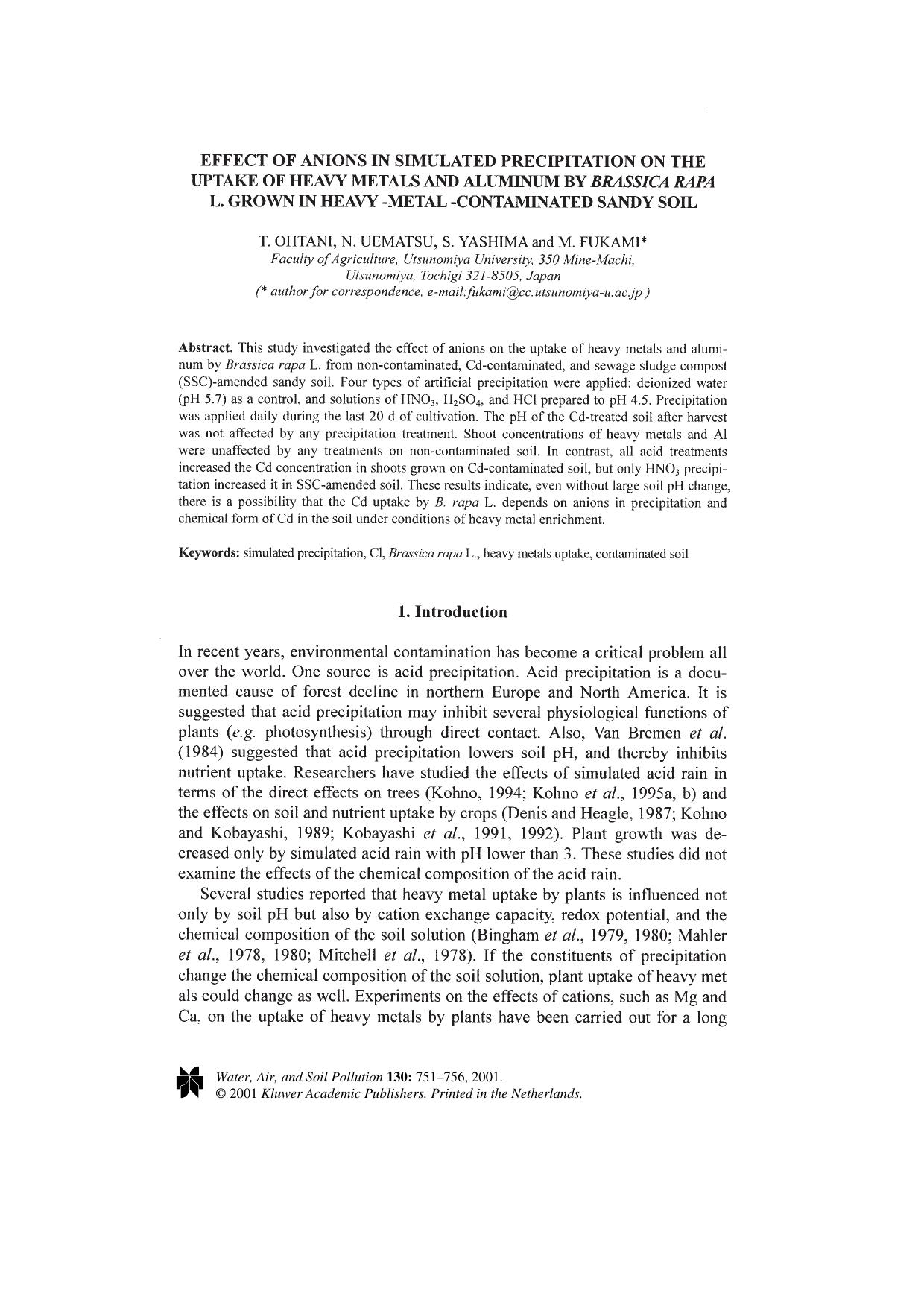 Effect of Anions in Simulated Precipitation on the Uptake of Heavy Metals and Aluminum by <Emphasis Type="Italic">Brassica Rapa<Emphasis> L. Grown in Heavy -Metal -Contaminated Sandy Soil by Unknown