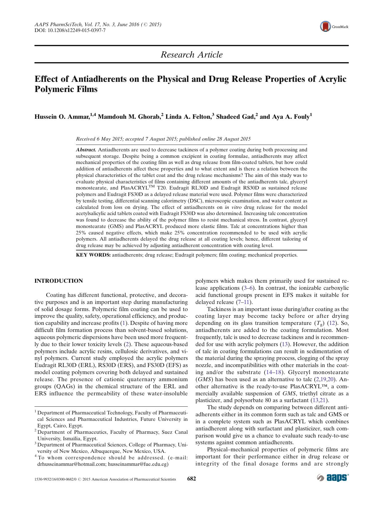 Effect of Antiadherents on the Physical and Drug Release Properties of Acrylic Polymeric Films by Hussein O. Ammar & Mamdouh M. Ghorab & Linda A. Felton & Shadeed Gad & Aya A. Fouly